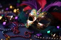 Festive Mardi Gras mask with shiny streamers - masquerade disguise. Carnival Party Generative AI Royalty Free Stock Photo