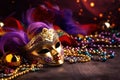 Festive Mardi Gras mask with shiny streamers - masquerade disguise. Carnival Party Generative AI Royalty Free Stock Photo