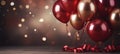 Festive metallic balloons, confetti, and ribbons on blurred background for special events