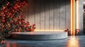 Festive Minimalist Stage With Christmas Lights And Plants Royalty Free Stock Photo
