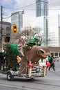 A festive moose float dressed up in green at the St Patrick's Day parade