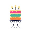 Festive multi-colored cake with candles in the form of stars. Vector illustration in hand drawn style. Can be used for