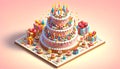 Festive Multi-Tiered Birthday Cake in Isometric View. Created with Generative AI