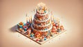 Festive Multi-Tiered Birthday Cake in Isometric View. Created with Generative AI