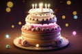 festive multilayer sweet birthday cake on illuminated table