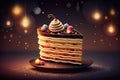 festive multilayer sweet birthday cake on illuminated table