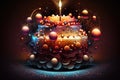 festive multilayer sweet birthday cake on illuminated table