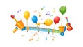 Festive Musical Instruments with Floating Notes and Balloons, vector design Generative AI Royalty Free Stock Photo