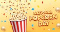 Festive National Popcorn Day graphic with exploding popcorn, confetti, and balloons Royalty Free Stock Photo