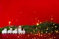 Festive New Year background christmas boke lights and fur tree. Top horizontal view