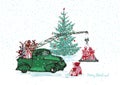 Festive New Year 2018 card. Green truck crane with fir tree decorated red balls and Christmas gifts isolated on white snowy Royalty Free Stock Photo