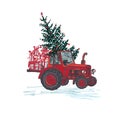 Festive New Year 2019 card. Red tractor with fir tree decorated red balls and holiday gifts isolated on white background Royalty Free Stock Photo