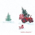 Festive New Year 2019 card. Red tractor with fir tree decorated red balls and holiday gifts White snowy seamless background Royalty Free Stock Photo