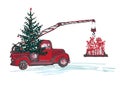 Festive New Year 2018 card. Red truck crane with fir tree decorated red balls and Christmas gifts isolated on white background