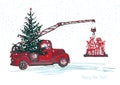 Festive New Year 2018 card. Red truck crane with fir tree decorated red balls Royalty Free Stock Photo