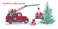 Festive New Year 2018 card. Red truck crane with fir tree decorated red balls Royalty Free Stock Photo