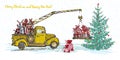 Festive New Year 2018 card. Yellow truck crane with fir tree decorated red balls Royalty Free Stock Photo