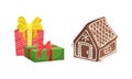 Festive New Year and Christmas Attribute with Gingerbread House and Wrapped Gift Box Vector Set Royalty Free Stock Photo