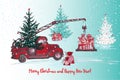 Festive New Year and Christmas card . Red truck crane with fir tree decorated red balls, near gifts on snowy background. Royalty Free Stock Photo