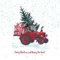 Festive New Year and Merry Christmas card. Red tractor with fir tree decorated red balls and holiday gifts White snowy Royalty Free Stock Photo