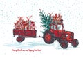 Festive New Year and Merry Christmas card. Red tractor with fir tree decorated red balls and holiday gifts White snowy Royalty Free Stock Photo