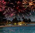 Festive New Year's fireworks over the tropical island Royalty Free Stock Photo