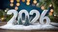 Festive new year 2026 scene with snow and miniature pine trees Royalty Free Stock Photo