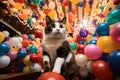 In a festive New Year setting, a cat elegantly navigates between various brightly colored baubles and twinkling fairy