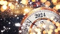 Festive New Year 2024 vintage clock with fireworks and golden bokeh lights with snow, creative idea for Christmas Eve. Happy New Royalty Free Stock Photo