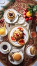 Festive New Years Brunch Spread with Pancakes, Bacon, Fruit, and Coffee