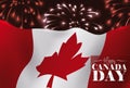 Festive Night of Canada Day with Fireworks and Waving Flag, Vector Illustration