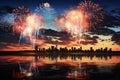 Festive Night: New Years Eve Fireworks Reflection in Urban Cityscape