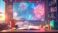 Festive Night Study: Desk with Fireworks View Royalty Free Stock Photo