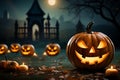 A festive October concept Halloween pumpkins and jack o lanterns on orange