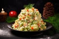 Festive olivier salad on the Christmas table