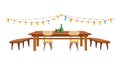 Festive Outdoor Picnic Area, String Lights and Long Table, vector design Generative AI Royalty Free Stock Photo