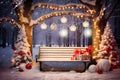 Festive Outdoor Scene with Snow-Covered Bench Surrounded by Trees Adorned with Colorful Lights and Ornaments