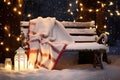 Festive Outdoor Scene with Snow-Covered Bench Surrounded by Trees Adorned with Colorful Lights and Ornaments