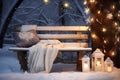 Festive Outdoor Scene with Snow-Covered Bench Surrounded by Trees Adorned with Colorful Lights and Ornaments