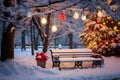 Festive Outdoor Scene with Snow-Covered Bench Surrounded by Trees Adorned with Colorful Lights and Ornaments