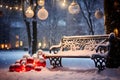 Festive Outdoor Scene with Snow-Covered Bench Surrounded by Trees Adorned with Colorful Lights and Ornaments