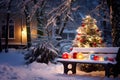 Festive Outdoor Scene with Snow-Covered Bench Surrounded by Trees Adorned with Colorful Lights and Ornaments