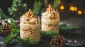 Festive overnight oats in mason jars decorated with small pine Royalty Free Stock Photo