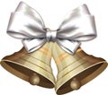 Festive pair of shiny golden bells with white silver bow satin ribbon decoration gift present, holiday design. Symbol Christmas Royalty Free Stock Photo