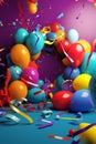 Festive panorama party with colorful balloons, confetti and coiled streamers AI generated Royalty Free Stock Photo