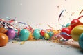 Festive panorama party with colorful balloons, confetti and coiled streamers AI generated Royalty Free Stock Photo