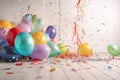 Festive panorama party with colorful balloons, confetti and coiled streamers AI generated Royalty Free Stock Photo