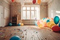 Festive panorama party with colorful balloons, confetti and coiled streamers AI generated Royalty Free Stock Photo