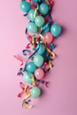 Festive panorama party with colorful balloons, confetti and coiled streamers AI generated Royalty Free Stock Photo