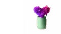 Festive panoramic banner with place for text. bouquet of red and purple peonies in the form of a heart shape in a hat box. Royalty Free Stock Photo